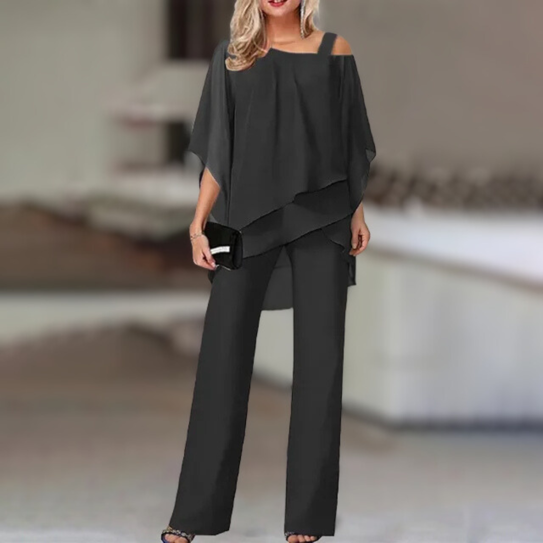 Ensemble Femme Élégant en Chiffon – Haut Asymétrique et Pantalon Large