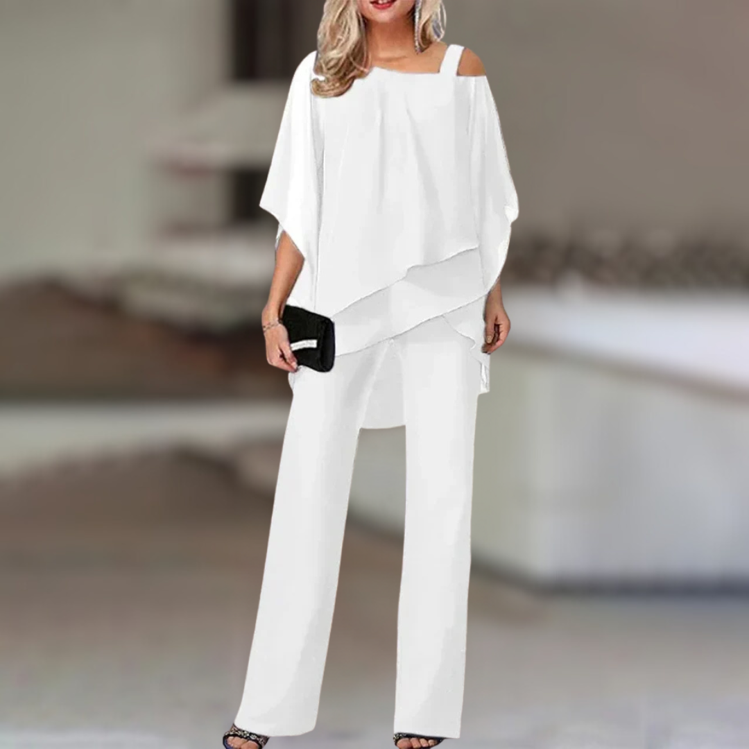Ensemble Femme Élégant en Chiffon – Haut Asymétrique et Pantalon Large