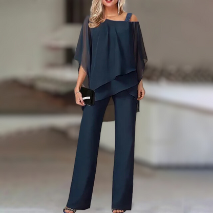 Ensemble Femme Élégant en Chiffon – Haut Asymétrique et Pantalon Large