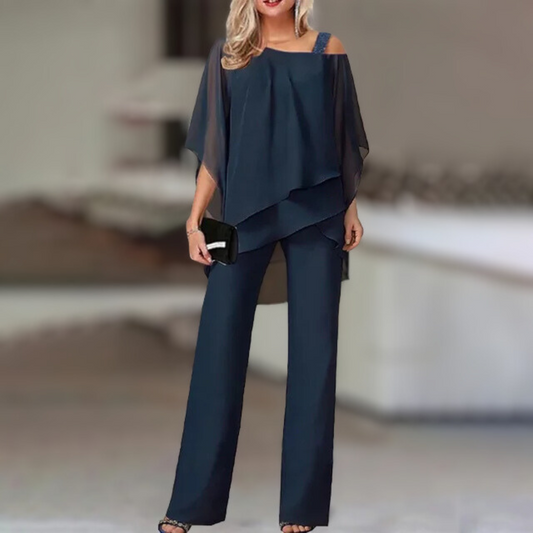 Ensemble Femme Élégant en Chiffon – Haut Asymétrique et Pantalon Large
