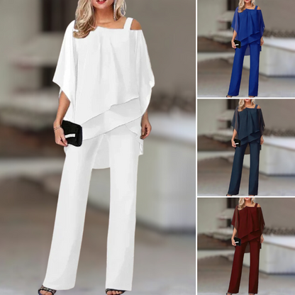 Ensemble Femme Élégant en Chiffon – Haut Asymétrique et Pantalon Large