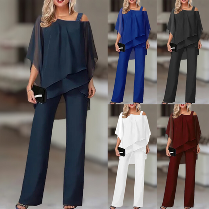 Ensemble Femme Élégant en Chiffon – Haut Asymétrique et Pantalon Large