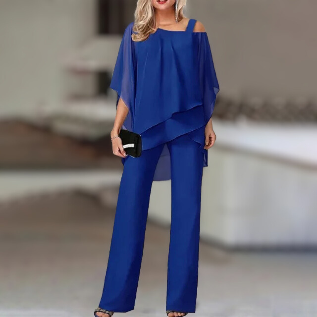 Ensemble Femme Élégant en Chiffon – Haut Asymétrique et Pantalon Large