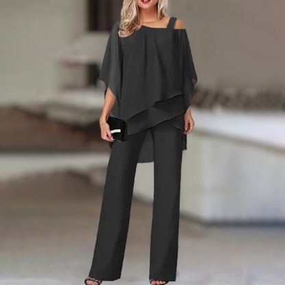 Ensemble Femme Élégant en Chiffon – Haut Asymétrique et Pantalon Large