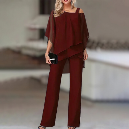 Ensemble Femme Élégant en Chiffon – Haut Asymétrique et Pantalon Large