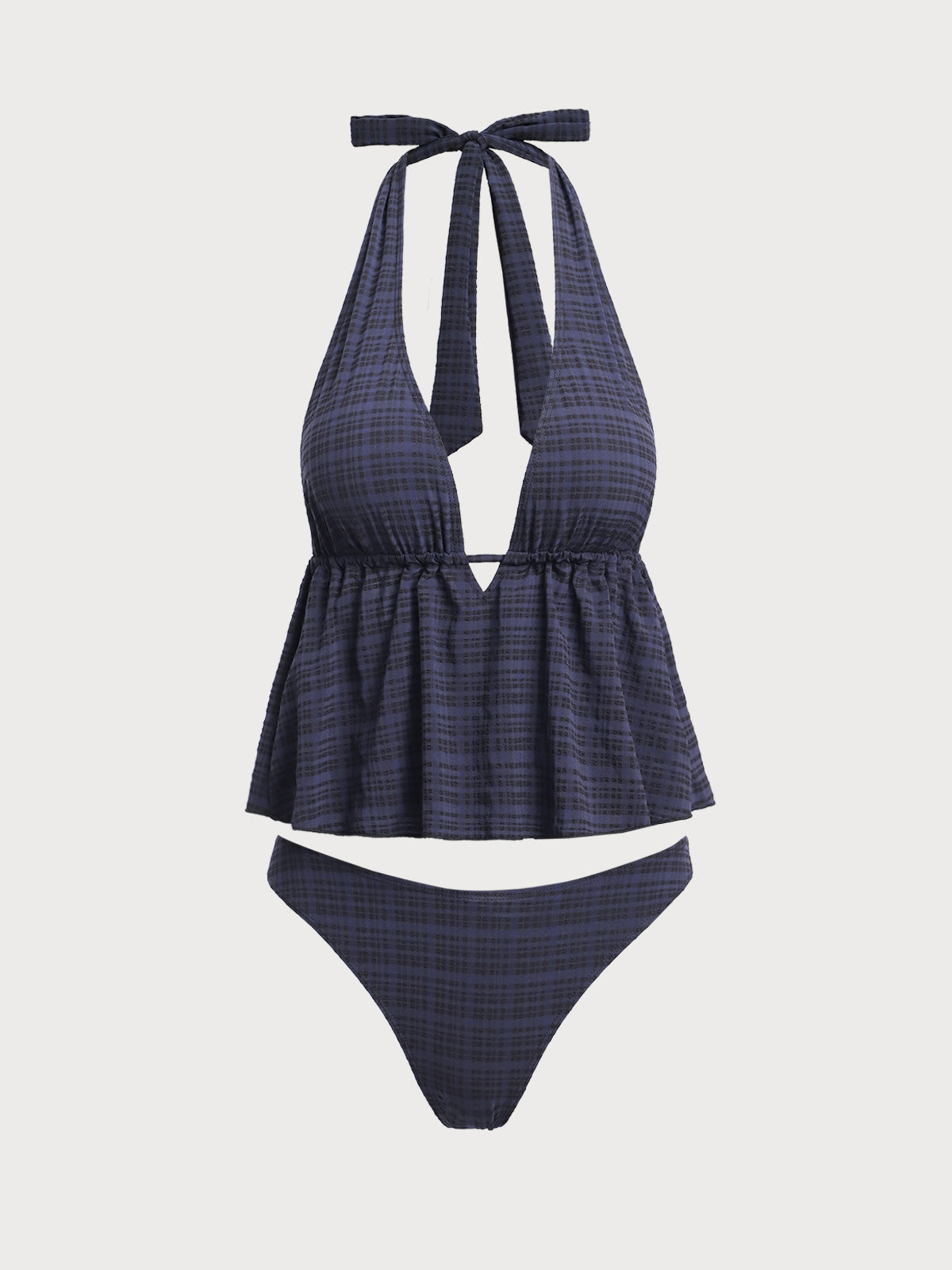 Tankini noir à motif carreaux, col en V profond