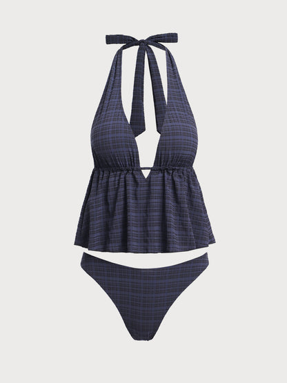 Tankini noir à motif carreaux, col en V profond