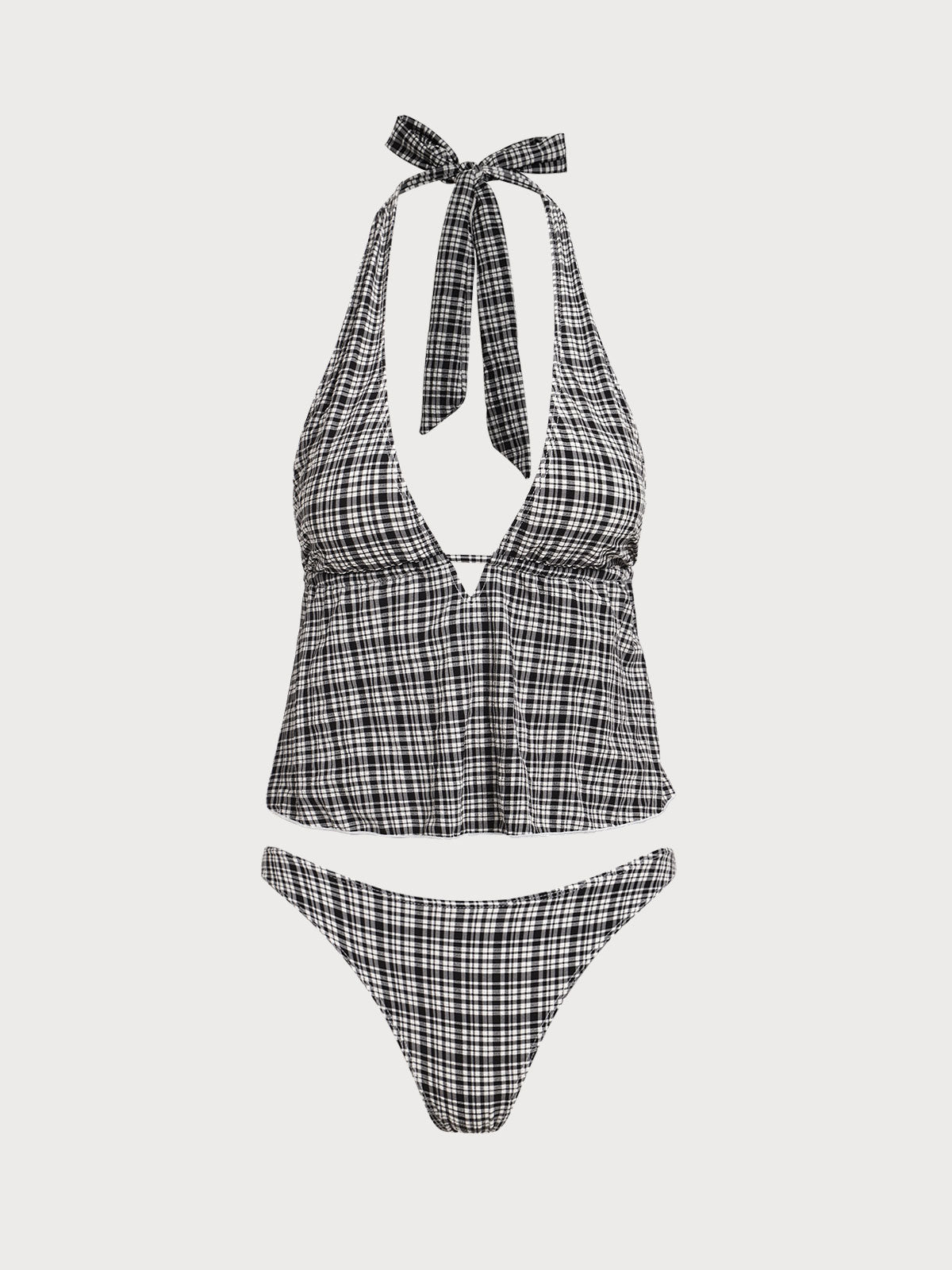 Tankini noir à motif carreaux, col en V profond