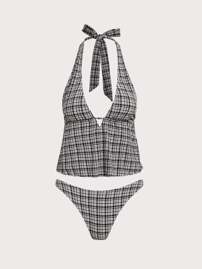 Tankini noir à motif carreaux, col en V profond