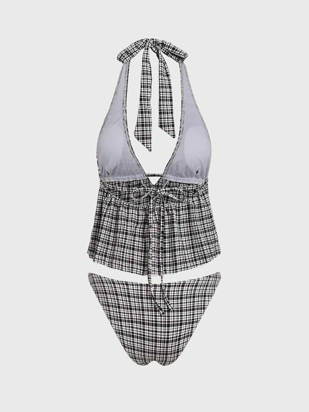 Tankini noir à motif carreaux, col en V profond