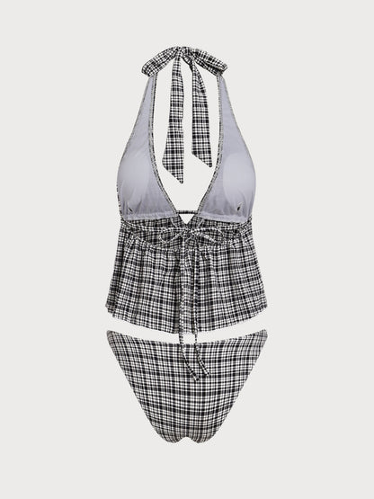Tankini noir à motif carreaux, col en V profond