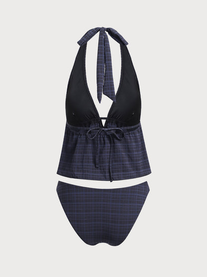 Tankini noir à motif carreaux, col en V profond